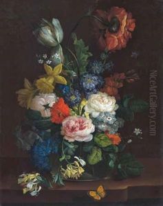 Reich Dekoriertes Blumenstillleben Mit Insekten, Rosen, Tulpen Und Nelken