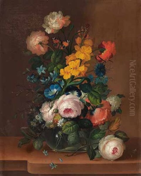 Reich Dekoriertes Blumenstillleben Mit Insekten, Rosen, Nelken Und Kornblumen - view 1