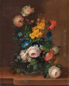 Reich Dekoriertes Blumenstillleben Mit Insekten, Rosen, Nelken Und Kornblumen