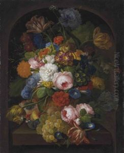 A Still-life Of Flowers With Grapes, Peaches And Plums On A Stone Ledge In A Niche