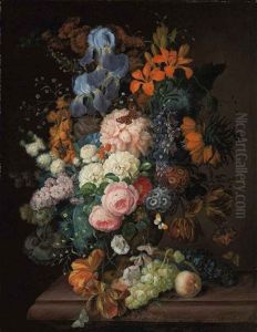 Roses, Peonies, Irises, Violets, And Other Blossoms In A Terracotta Urn, And Grapes, Blackcurrants And A Peach On A Table by Franz Xaver Petter
