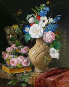 Blumenstillleben Mit Einem Kranz Aus Rosen, Steinkrug Und Pokal