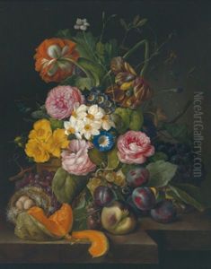 Stillleben Mit Rosen, Narzissen, Tulpen, Vogelnest Und Fruchten