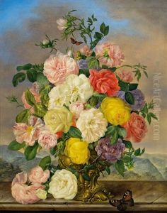 Blumenstillleben Mit Rosen Und Schmetterlingen Vor Einer Landschaft