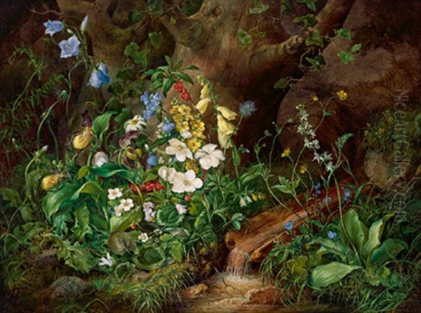 Groses Alpenblumenstilleben Mit Schneerosen, Glockenblumen, Frauenschuh Und Weisen Wild Cyclamen - view 1