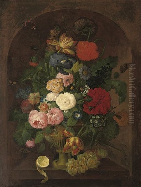 Roses, Poppies, Tulips, Primula, Convolvulus And Other Flowers In An Urn, With A Partly-peeled Lemon And Grapes - view 1