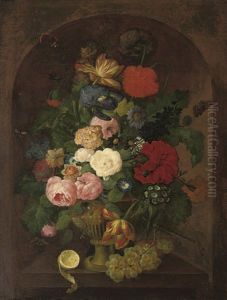 Roses, Poppies, Tulips, Primula, Convolvulus And Other Flowers In An Urn, With A Partly-peeled Lemon And Grapes