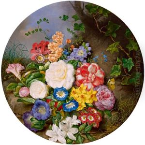 Ein Blumenstuck Am Waldboden Mit Rosen, Wicken, Narzissen, Schlusselblumen Und Schmetterling