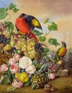 Blumenstillleben Mit Fruchten Und Zwei Papageien