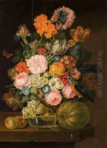 Still Life With Tulips, Primroses, Morning Glory, Roses, Irises And Other Flowers, Together With Various Fruits And A Bird On A Stone Ledge by Franz Xaver Petter