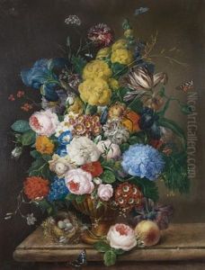 Roses, Irises, Carnations, Tulips And Other Flowers In A Bronze Urn On A Marble Ledge With A Peach And A Bird's Nest
