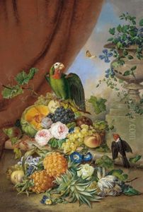 Groses Blumen- Und Fruchtestilleben Mit Papagei by Franz Xaver Petter