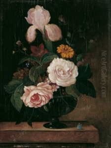 Blumenstilleben. Auf Einem Steintisch Glasvase Mit Rosen, Tulpen Und Lilien