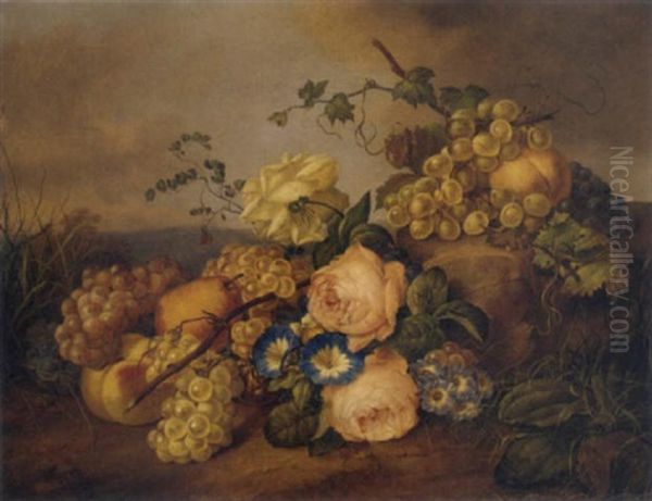 Grapes, Peaches And A Pear With Roses And Other Summer Flowers - view 1