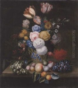 Tulips, Carnations, Peonies, Morning Glory And Other Flowers In A Vase, With Grapes, Plums, A Peach And Figs On A Ledge