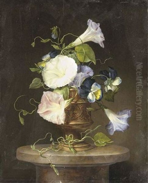 Morning Glories In A Vase On A Marble Pedestal - view 1
