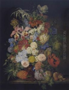 Groses Blumenstuck Mit Rosen, Tulpen, Iris, Kaiserkrone, Protea, Stiefmutterchen, Narzissen, Mohn, Wicken, Pfingstrosen, Ananas, Pfirsichen, Weintrauben Und Nussen
