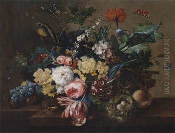 Still Life Of Roses, Tulips, Popies, Morning Glory And Hollyhocks In A Wicker Basket With Grapes - view 1