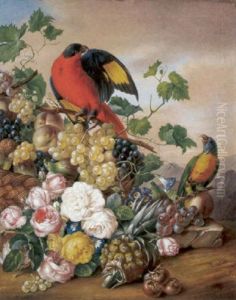 Groses Blumenstilleben Mit Zwei Papageien