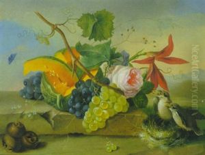 Blumen- Und Fruchtestilleben Mit Vogelnest, Zwei Vogeln Und Haselnussen Vorn