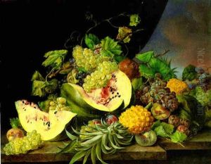 An Exotic Still Life With Pineapples, Melons, Medlars, Grapes, Plums And A Pomegranate On A Marble Table by Franz Xaver Petter