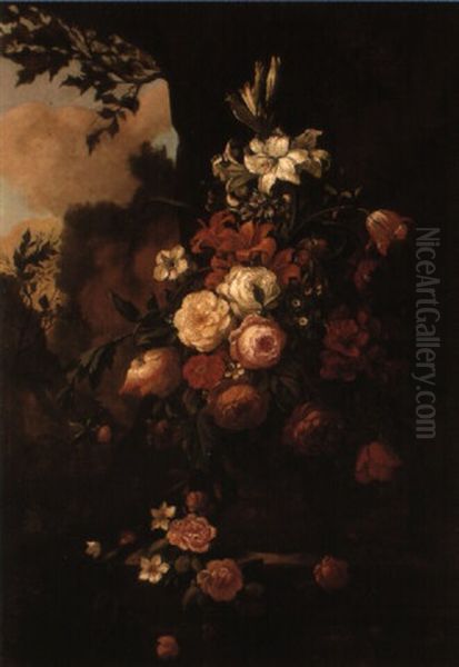Roses And Other Flowers In An Urn On A Ledge By An Outcrop - view 1