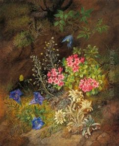 Stilleben Mit Alpenblumen - Enzian, Edelweis Und Almrausch Stilleben Mit Alpenblumen - Enzian, Edelweis Und Almrausch