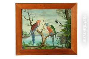 Parrots And Butterflies Near A Lake by Alfred Pettingill