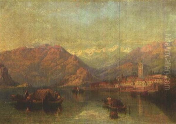 Stadt Am Bergsee Mit Booten Und Reicher Personenstaffage - view 1