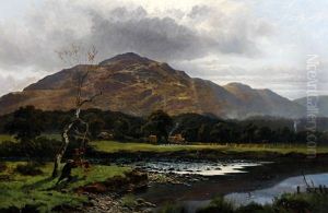 Extensive River Landscape (lake District?) With Boys Playing On A Swing By The River Bank, With Haymakers In The Distance