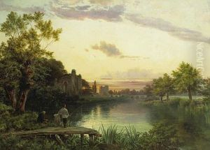Anglers At Sunset By The Ruins Of An Abbey With A Village Beyond