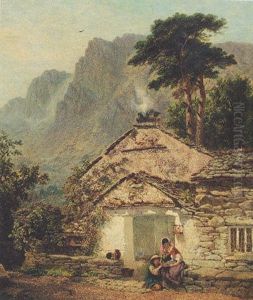 Children Before A Cottage In A Mountainous Landscape by Joseph Paul Pettitt