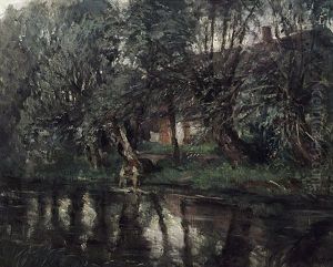 Fruhlingstag. Wascherin Am Bach. Durchblick Auf Landliches Gehoft Fruhlingstag. Wascherin Am Bach. Durchblick Auf Landliches Gehoft