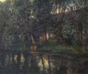 Wascherin Am Bachufer Mit Weiden