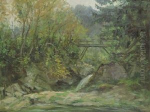 Felspartie Mit Wasserfall Und Brucke Felspartie Mit Wasserfall Und Brucke