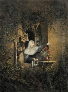 Nonne Mit Weisem Blutenkranz Am Fenster by Joseph Petzl