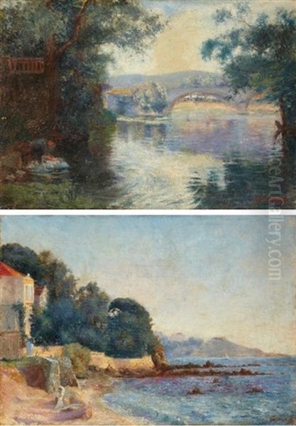 Bridge Over A River And Villa By The Sea (pair) - view 1