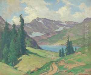 Mountain Landscape With Ranch Houses Across Lake by Frank Charles Peyraud