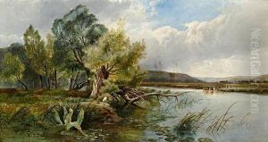 Angler On The Riverbank, With Cattle Watering To The Distance Angler On The Riverbank, With Cattle Watering To The Distance