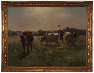 Pastoral Landscape With Cows And Field Worker