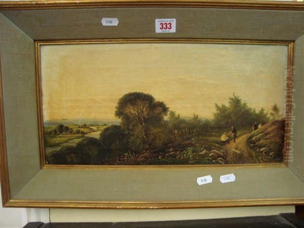 Figures On Track Flanked By Rocks And Trees With River Landscape - view 1
