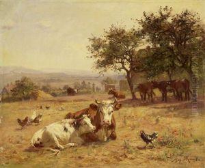 Vaches Couchees Dans Un Chaumes by Aymar Pezant