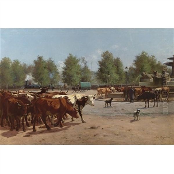 Cows Watering At A Public Square - view 1