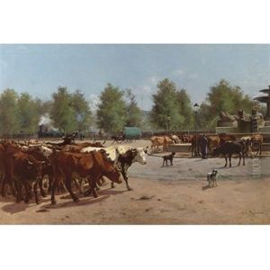 Cows Watering At A Public Square by Aymar Pezant