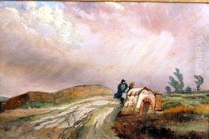 Figures Crossing A Stone Bridge On A Windy Day by Henry Boddington