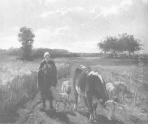 Eine Bauerin Mit Kuhen Und Schafen Auf Einem Feldweg Eine Bauerin Mit Kuhen Und Schafen Auf Einem Feldweg