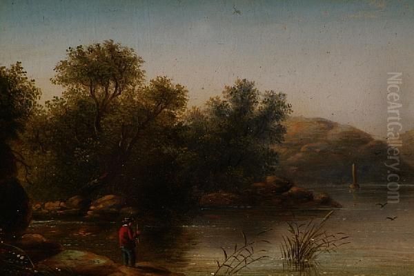 A Lake Scene With Angler On The Shore - view 1
