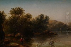 A Lake Scene With Angler On The Shore by Henry Boddington