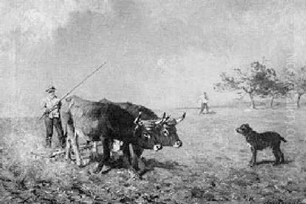 Plowing: Genre Scene With Figures, Oxen Team And Dog - view 1
