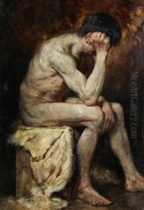 Sitzender Mannerakt In Denkerpose by August Pezzey Jr.